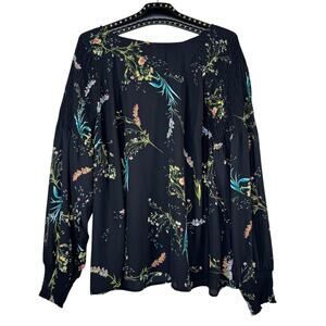 Worthington Black Floral Chiffon Textured Smocked Blouse 2X
